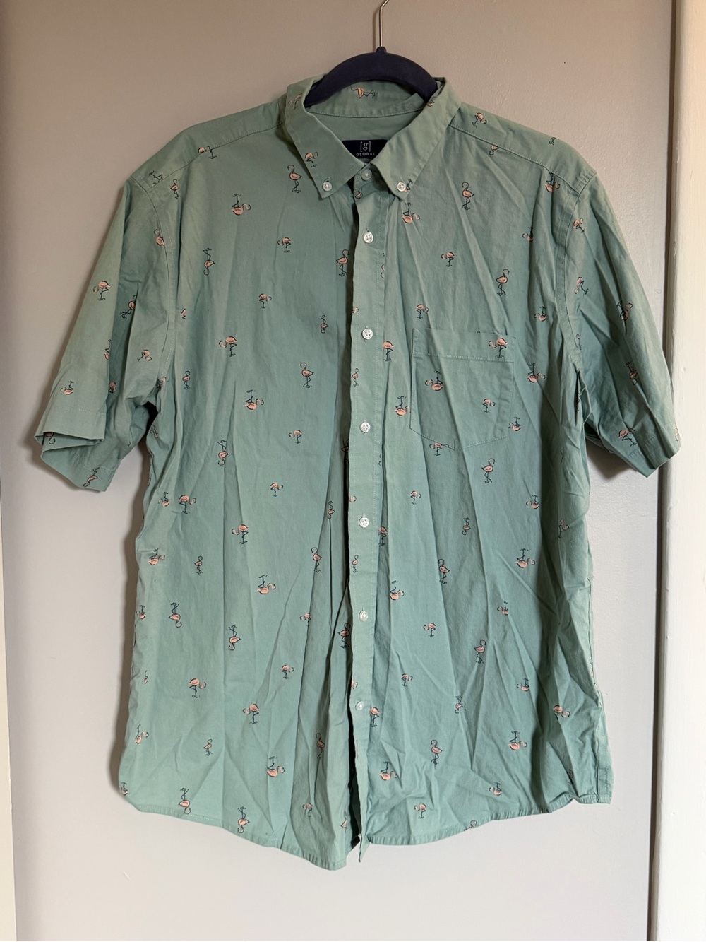 George Mint Green Short-Sleeve Button-Down Shirt with Flamingo Print